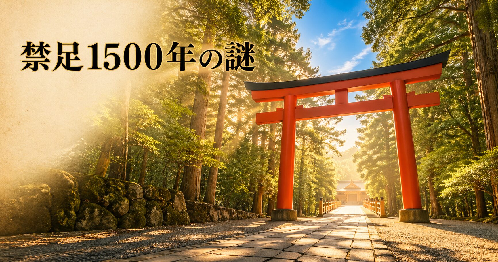 朝の澄んだ光に照らされた朱鳥居と、その奥の参道に温かい光が射す情景。タイトル「禁足1500年の謎」を配したアイキャッチ画像