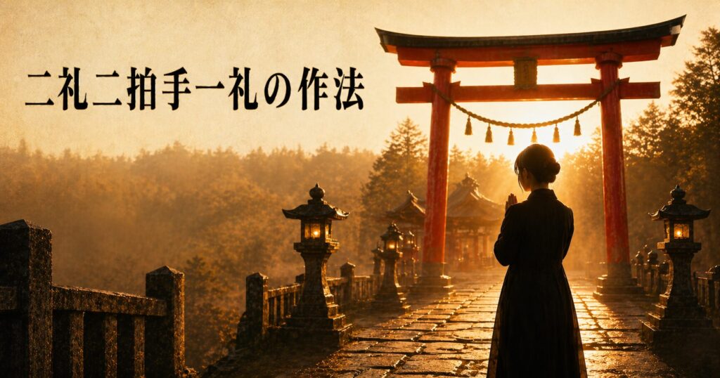 夕日に染まる朱鳥居の前で手を合わせる参拝者のシルエットと、タイトル「二礼二拍手一礼の作法」を配したアイキャッチ画像