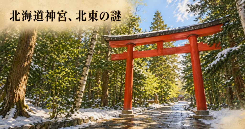 雪の残る原始林に囲まれた北海道神宮の朱鳥居と本殿、北東を指す光の構図に、タイトル「北海道神宮、北東の謎」を配したアイキャッチ画像