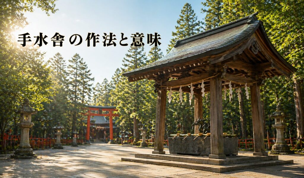 明るい朝の自然光に照らされた手水舎と龍の吐水口、新緑の境内を背景に、タイトル「手水舎の作法と意味」を配したアイキャッチ画像