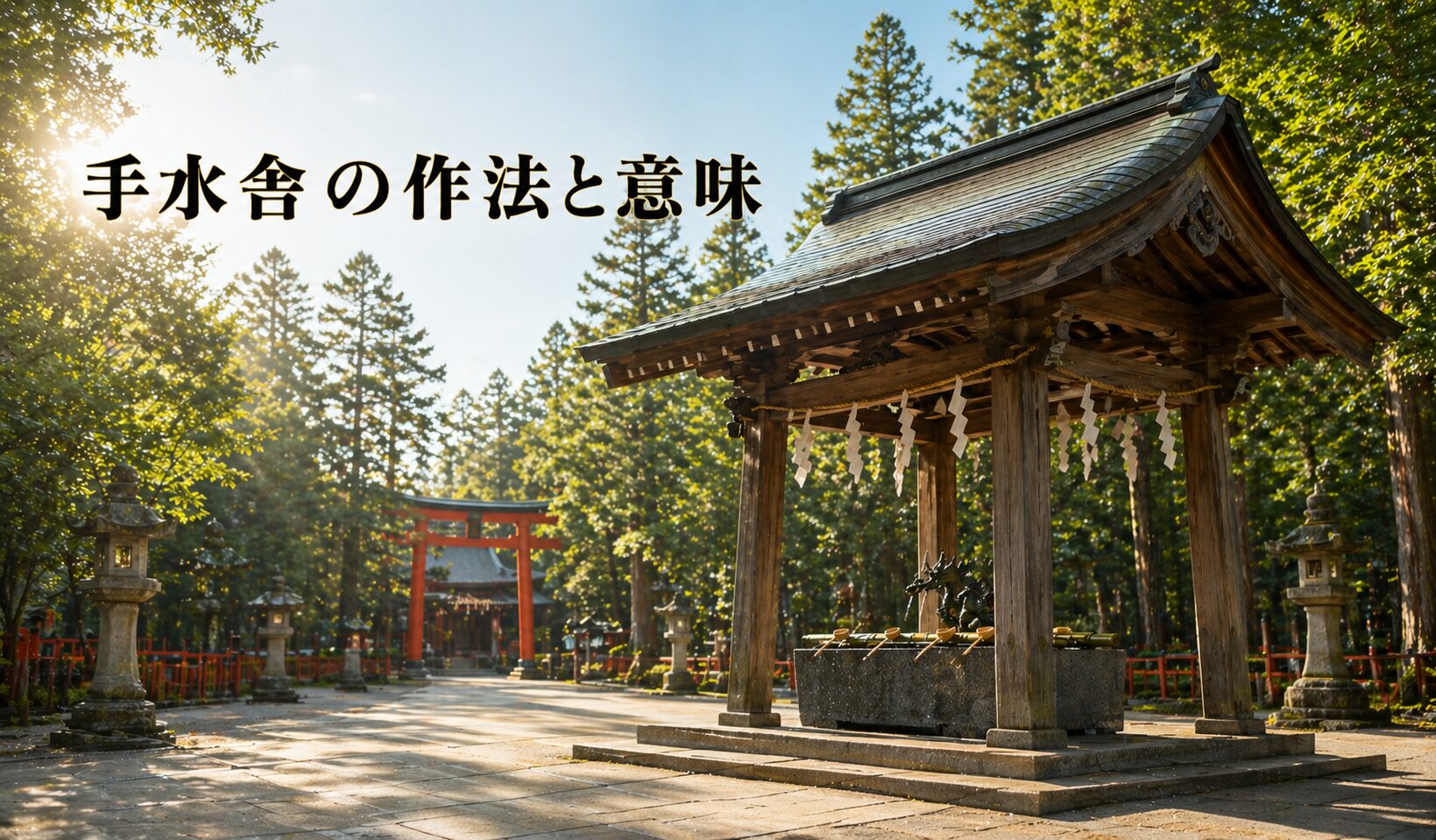 明るい朝の自然光に照らされた手水舎と龍の吐水口、新緑の境内を背景に、タイトル「手水舎の作法と意味」を配したアイキャッチ画像