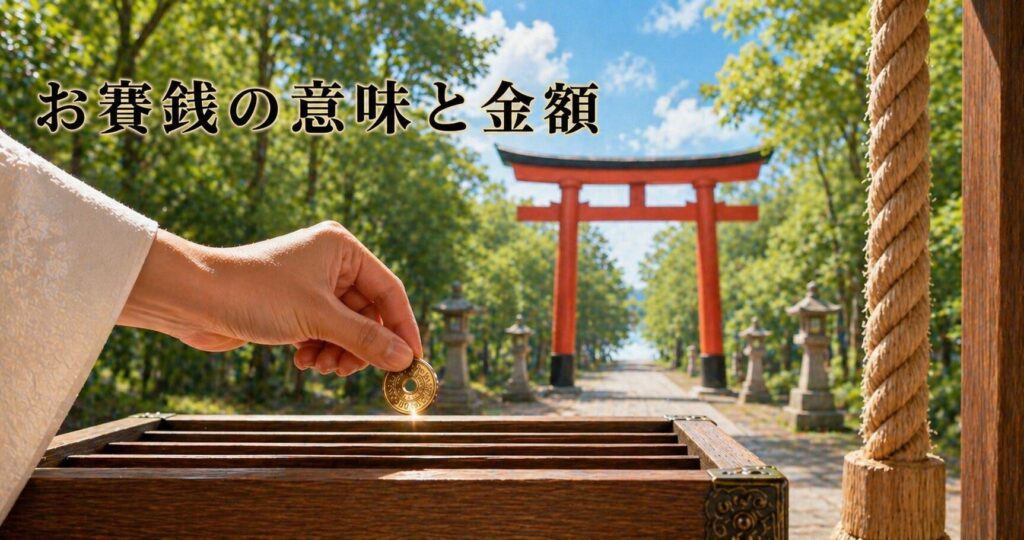 朱の鳥居前で賽銭箱に手を近づけ、硬貨を静かに納めようとする参拝者の手元クローズアップ。明るい朝の自然光と新緑の境内を背景に、タイトル「お賽銭の意味と金額」を配したアイキャッチ画像