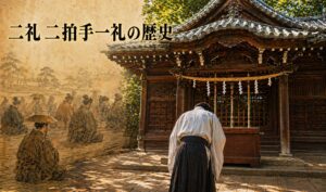拝殿前で深く礼をする現代の参拝者の painterly な後ろ姿シルエットと、背景に江戸時代の合掌で祈る参拝者の和の絵巻のようなぼかし重ね。明るい朝の自然光と朱の鳥居を背景に、タイトル「二礼二拍手一礼の歴史」を配したアイキャッチ画像