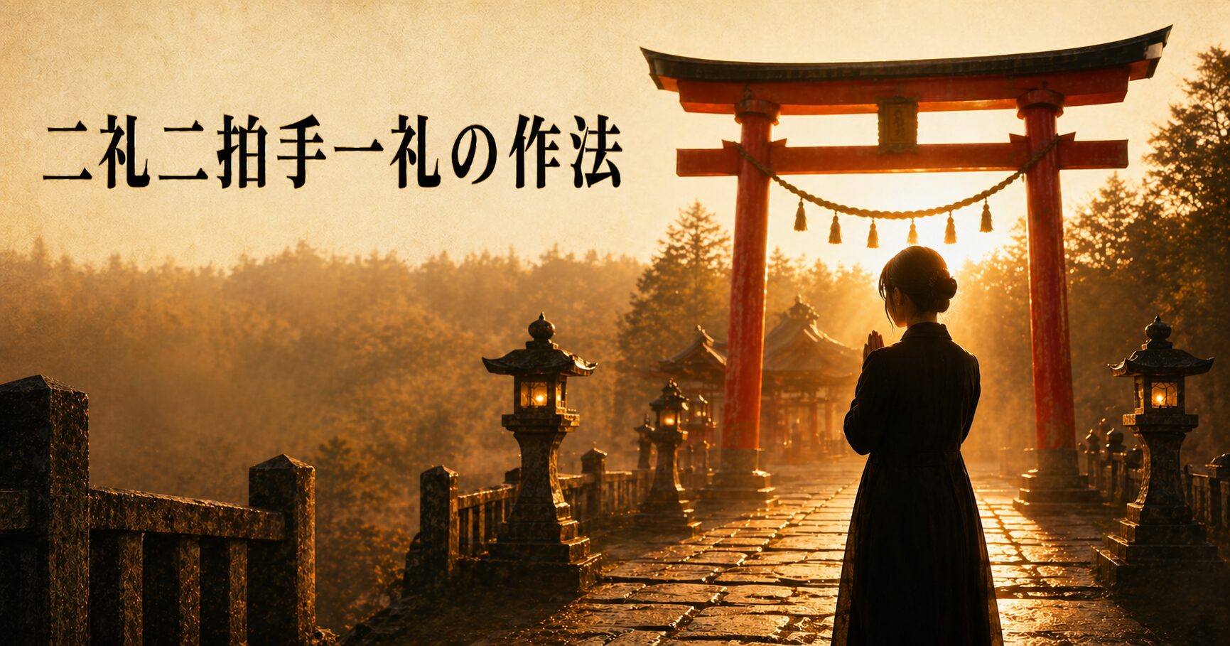 夕日に染まる朱鳥居の前で手を合わせる参拝者のシルエットと、タイトル「二礼二拍手一礼の作法」を配したアイキャッチ画像