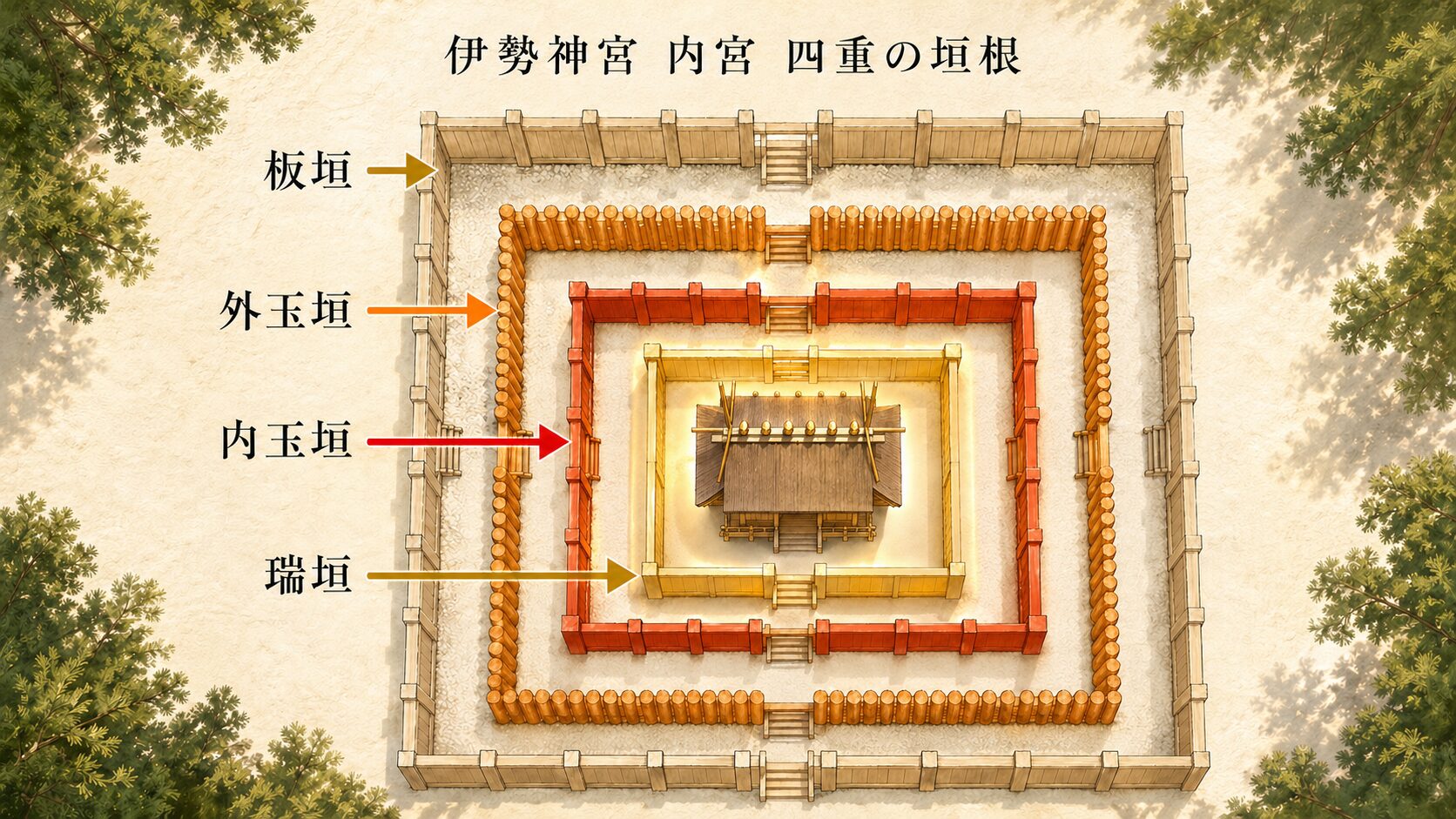 中心の正殿を4層の垣根（板垣・外玉垣・内玉垣・瑞垣）が同心方形で取り囲む、伊勢神宮内宮の禁足領域の俯瞰図