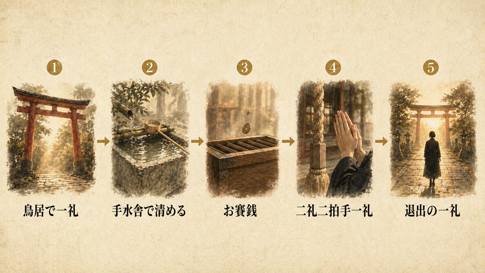 鳥居で一礼から退出時の一礼まで、神社参拝の正しい5ステップを左から順に並べたインフォグラフィック