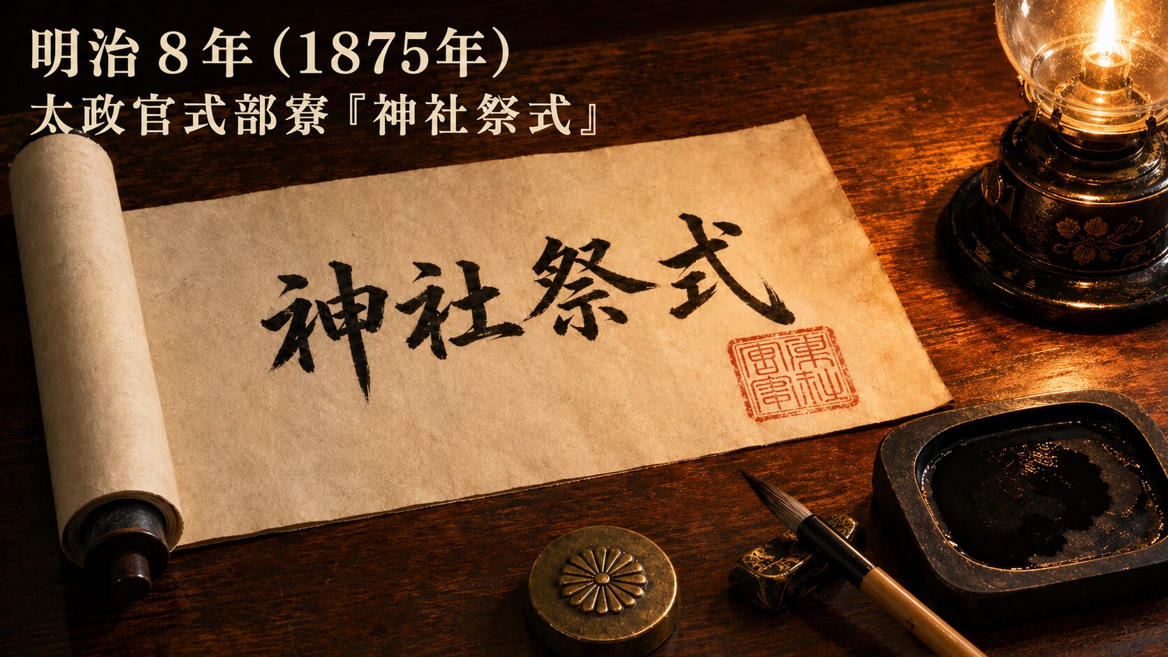 明治8年（1875年）に布達された太政官式部寮『神社祭式』を象徴する、和紙の巻物に毛筆で『神社祭式』と記された painterly still-life。朱印、墨、文鎮を添え、明治期の和洋折衷感を示す