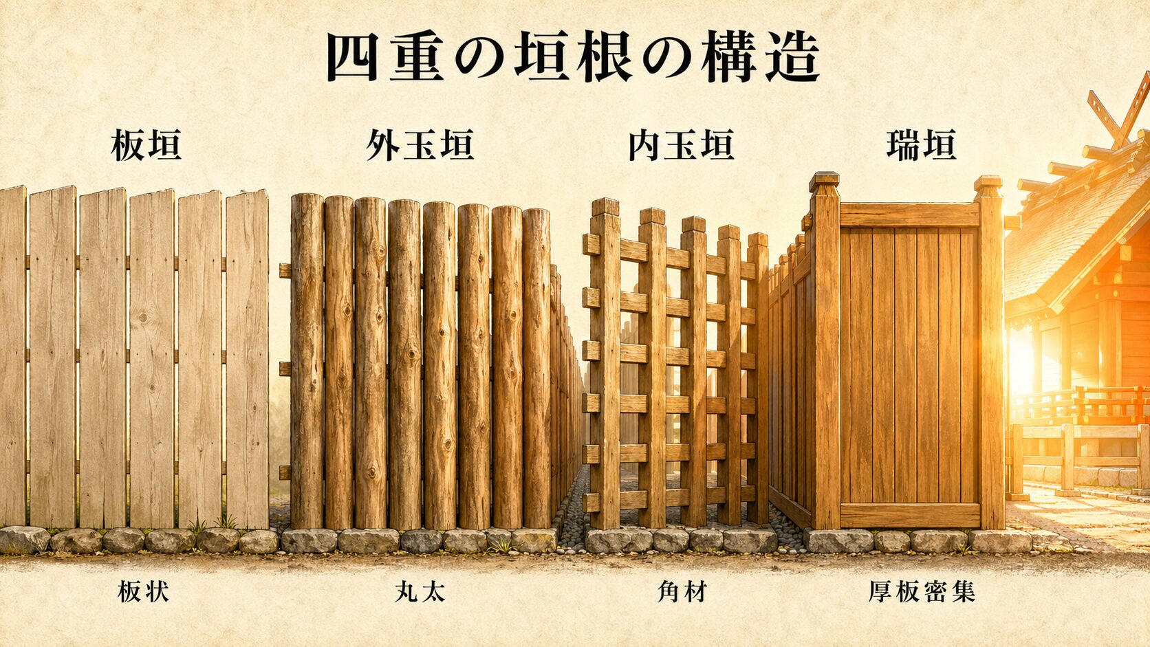 外側から順に板垣・外玉垣・内玉垣・瑞垣が並ぶ4層垣根の側面断面図と、各層の素材説明