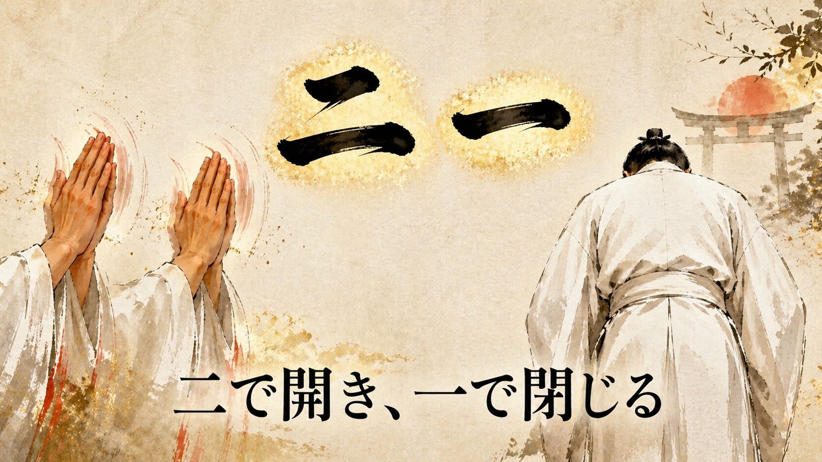 「二」「一」の漢字数字を中央に大きく配し、左に二回の拍手の painterly 動作スケッチ（手のひらが合わさる瞬間）、右に深い礼の後ろ姿シルエットを並べた、数字の象徴性を視覚化した構成