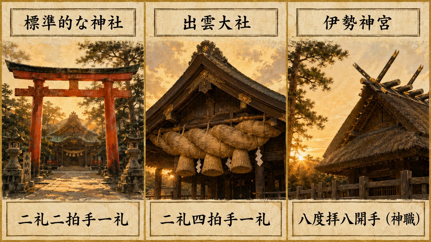 標準の二礼二拍手一礼、出雲大社の二礼四拍手一礼、伊勢神宮の八度拝八開手を3カードで比較した参拝作法のパネル