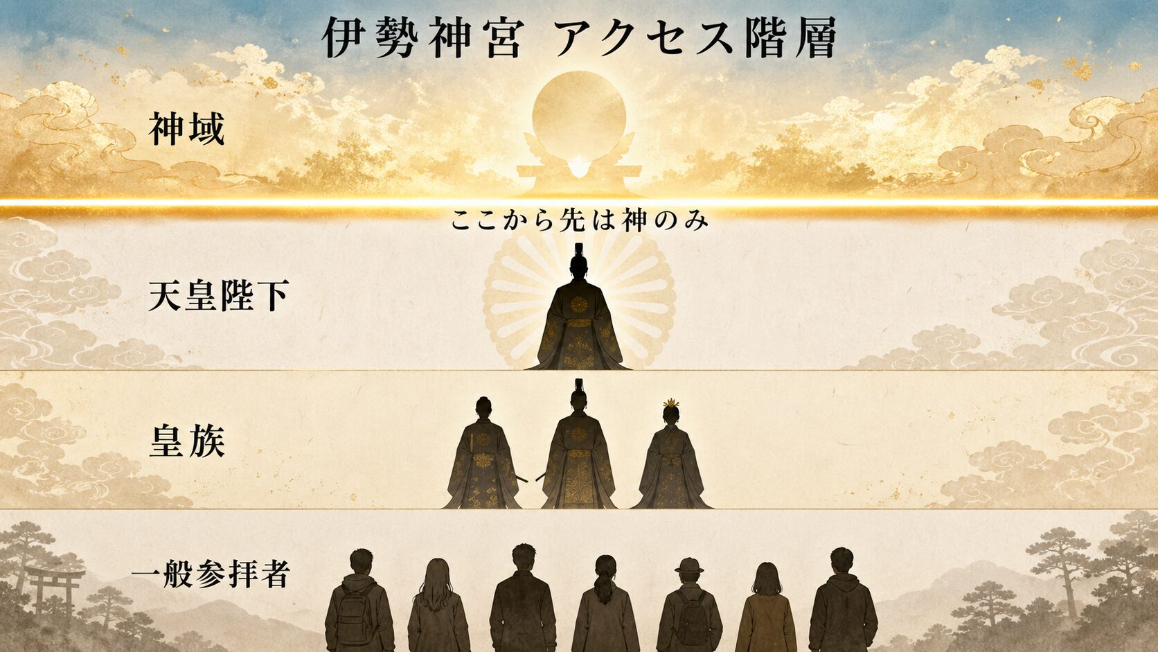 下から一般参拝・皇族・天皇陛下、その上に最も内側の神域がある、伊勢神宮の段階的アクセス階層図