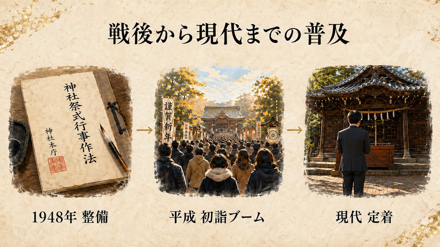 1948年の神社本庁による作法整備（左）、平成の初詣の賑わい（中央）、現代の落ち着いた参拝（右）の3 vignette を warm-gold の矢印で繋いだ、二礼二拍手一礼が一般に普及するまでのタイムライン