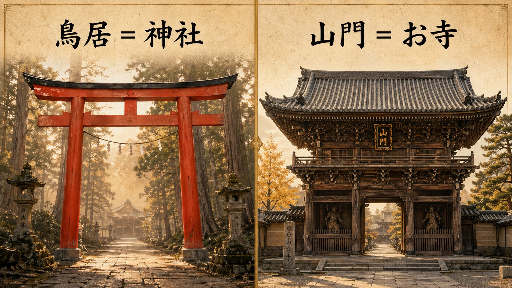 左に朱鳥居、右に山門を並べ、神社とお寺の見分け方をビジュアルで対比した解説図