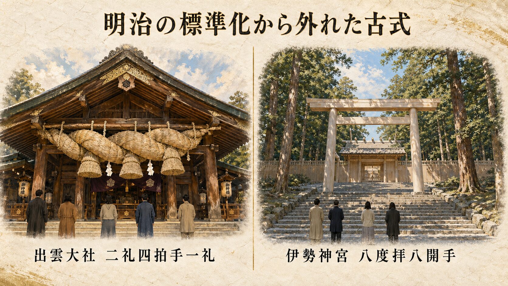 左に出雲大社の大しめ縄を背景にした painterly 拝殿シーンと「二礼四拍手一礼」のラベル、右に伊勢神宮の白木社殿を背景にした painterly シーンと「八度拝八開手」のラベルを並べた、古式作法の対比図