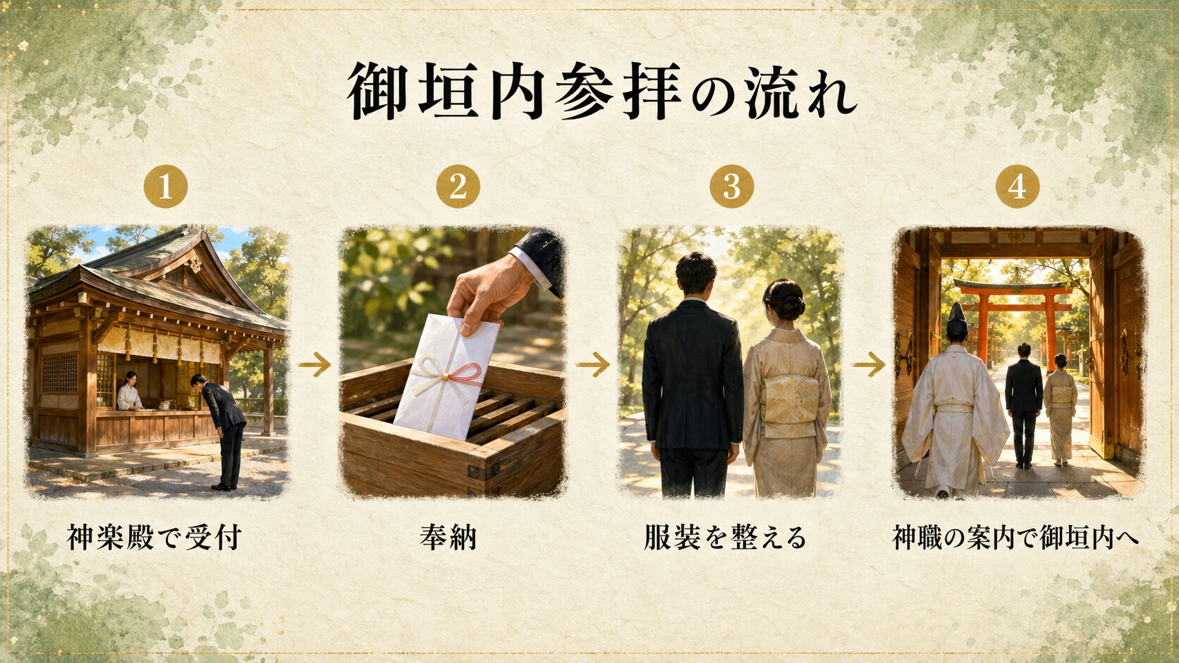 受付・奉納・服装・参拝の4ステップを左から順に並べた、伊勢神宮 御垣内参拝の手順図