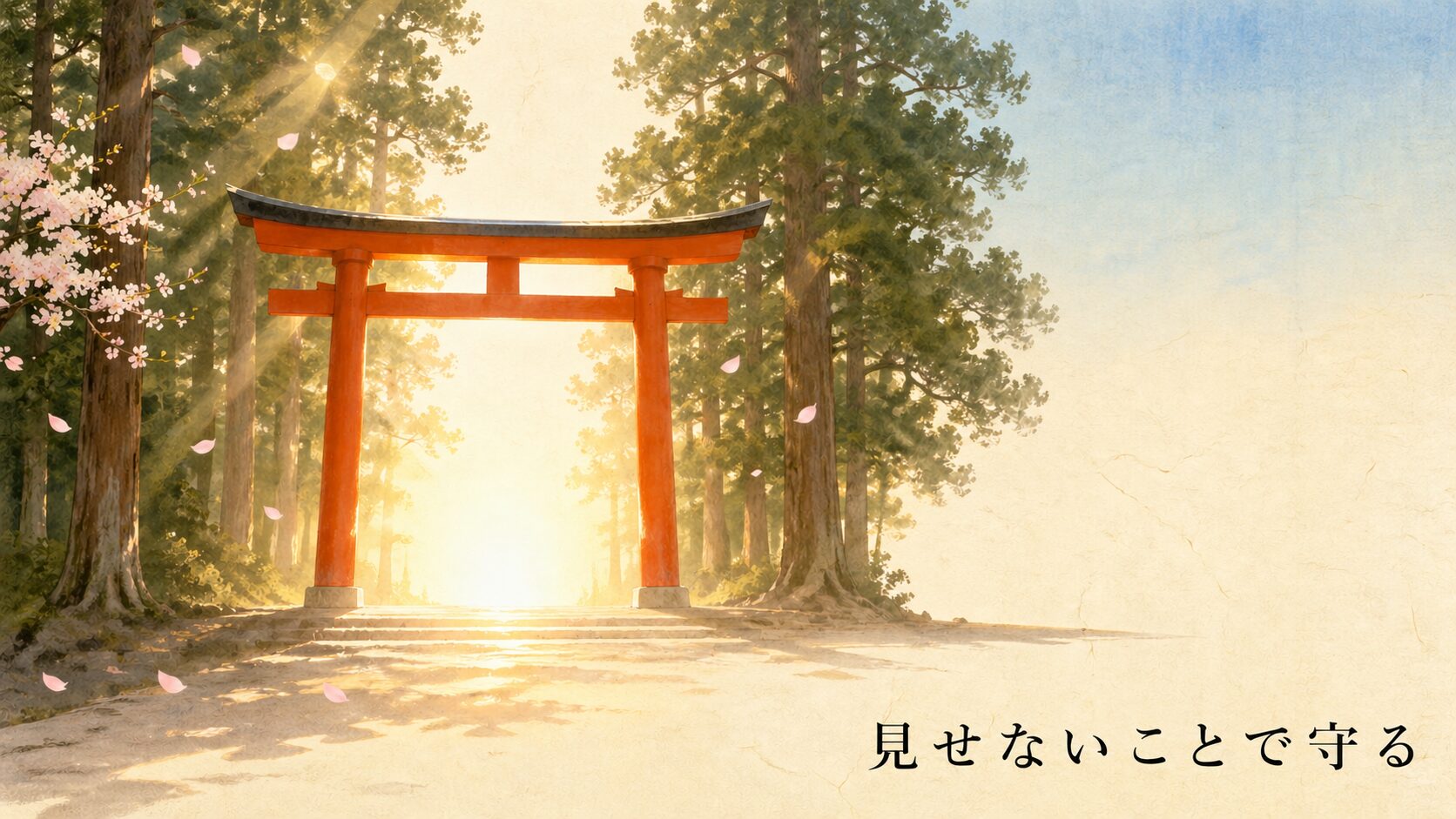 鳥居の向こうの参道に温かい光が射し、奥の景色は明るい光の中に消えていく、「見せないことで神聖を守る」を象徴する静謐で招き入れる構図