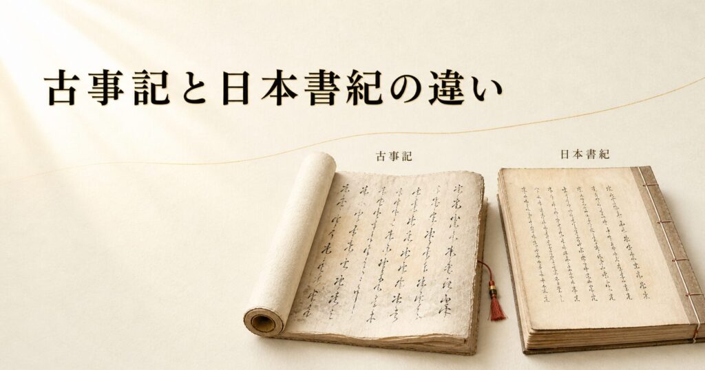 朝の光のなか、生成り washi の机に開かれた古事記と日本書紀の冊子・巻物が並ぶ静謐な構図、タイトル「古事記と日本書紀の違い」を配したアイキャッチ画像