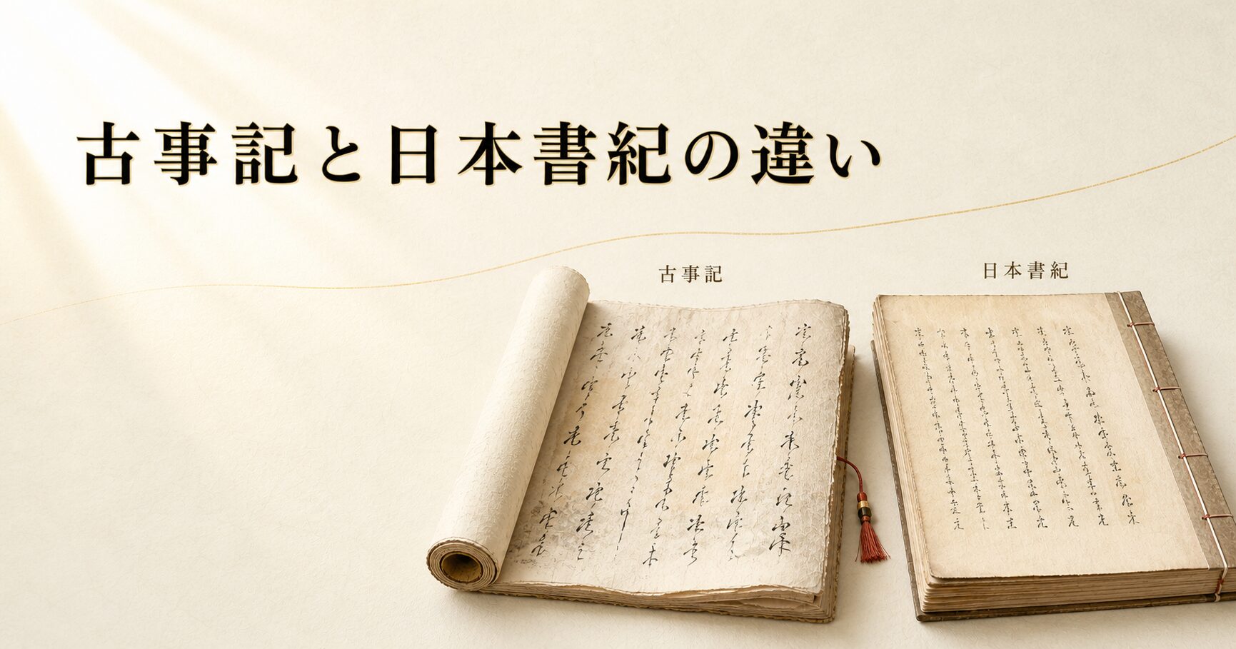朝の光のなか、生成り washi の机に開かれた古事記と日本書紀の冊子・巻物が並ぶ静謐な構図、タイトル「古事記と日本書紀の違い」を配したアイキャッチ画像