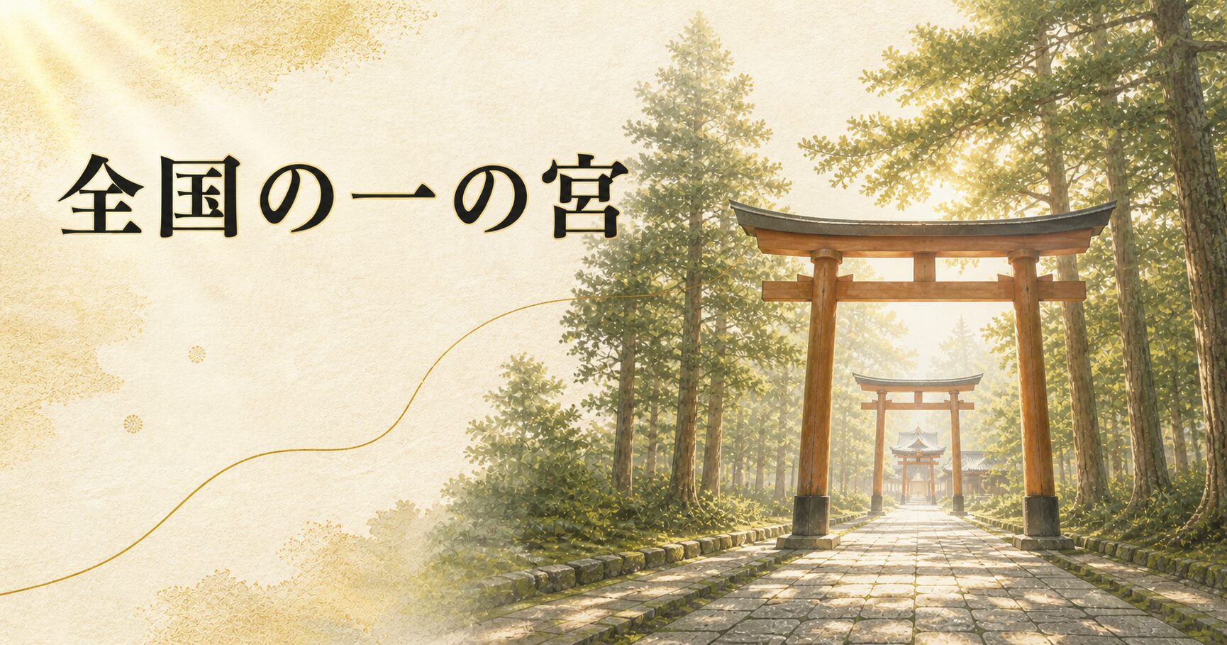 朝の杉並木の参道に複数の鳥居と本殿のシルエットが連なる静謐な構図、生成り washi 背景にタイトル「全国の一の宮」を配したアイキャッチ画像