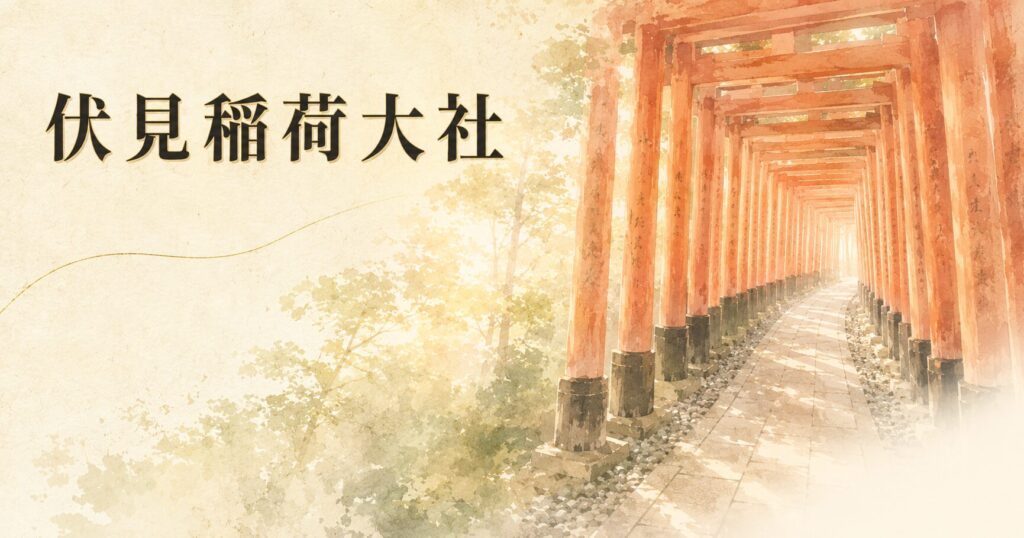 朝の光が射し込む千本鳥居のトンネル、朱の鳥居が連なる象徴的な参道風景に、生成り washi 背景でタイトル「伏見稲荷大社」を配したアイキャッチ画像