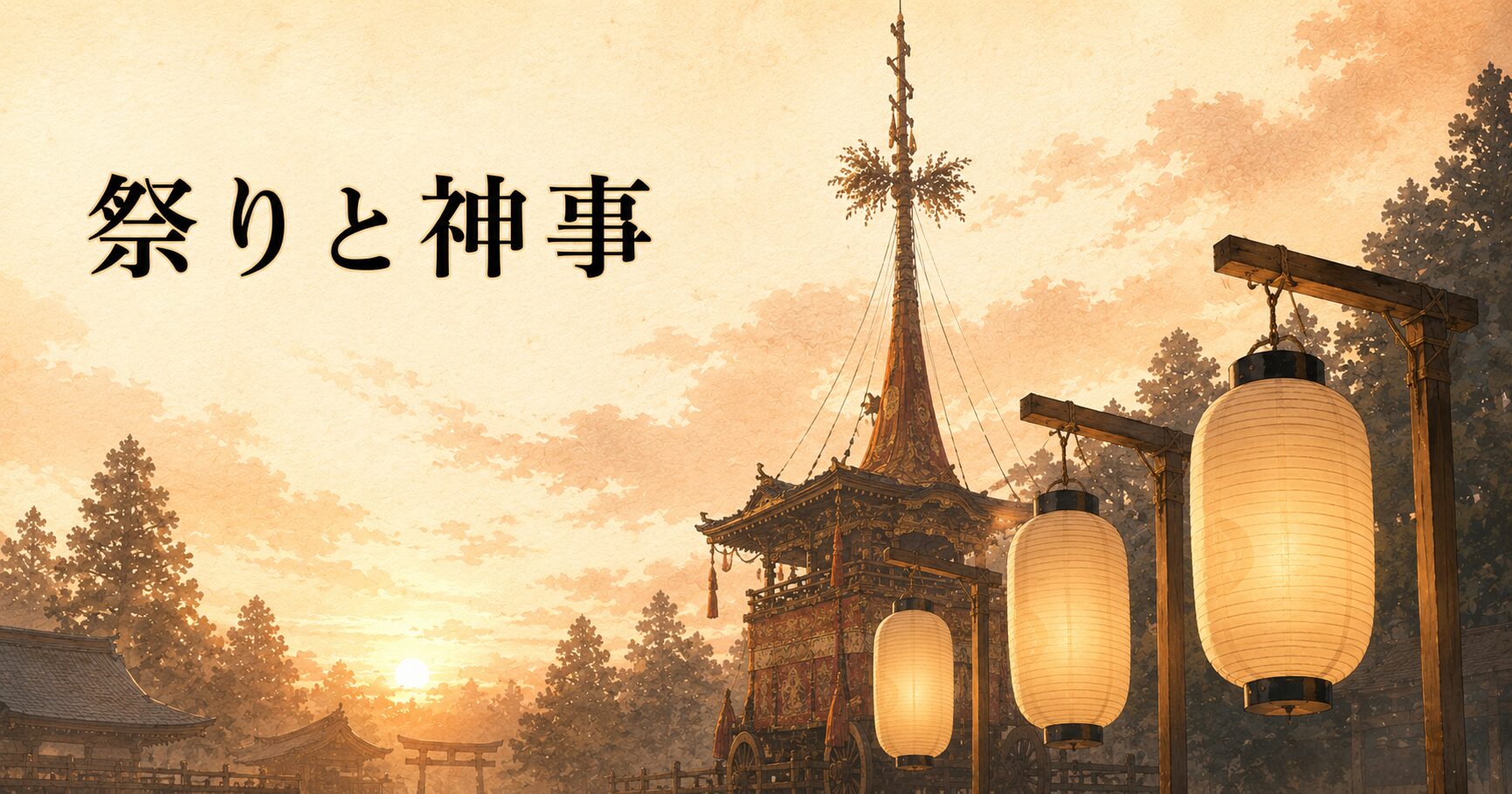ivory washi 背景に、神社の境内で並ぶ提灯と山鉾のシルエット、タイトル「祭りと神事」を上部左寄りに配したアイキャッチ画像