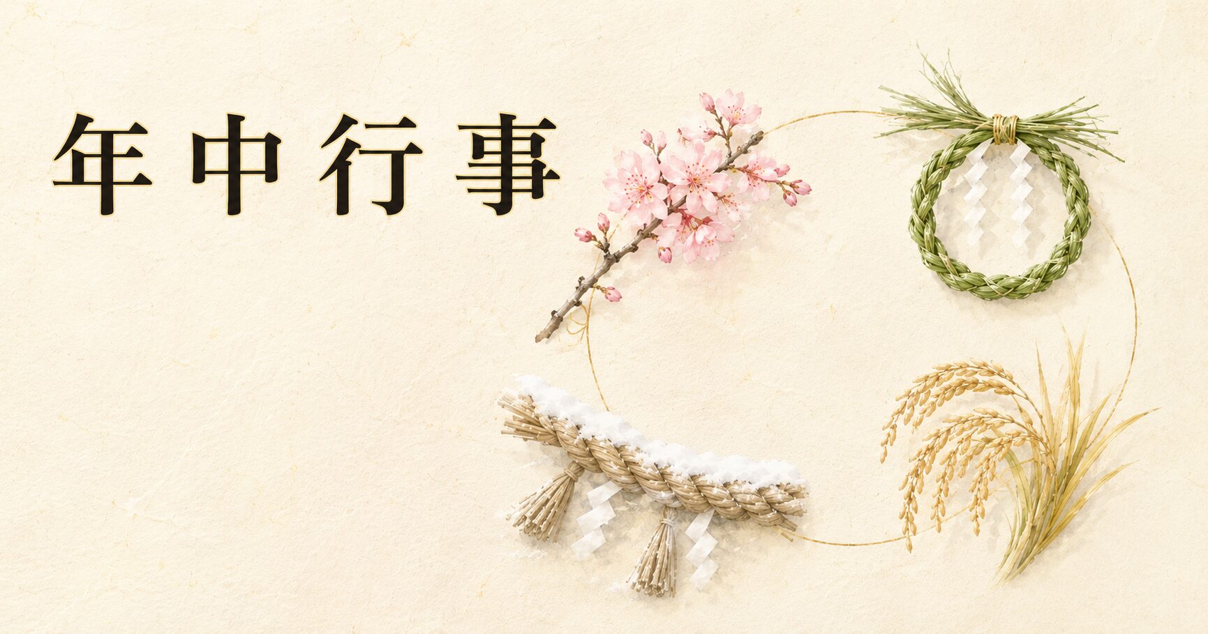 ivory washi 背景に、四季の象徴（桜・茅の輪・稲穂・雪と注連縄）を円環状に配し、タイトル「年中行事」を上部左寄りに配したアイキャッチ画像