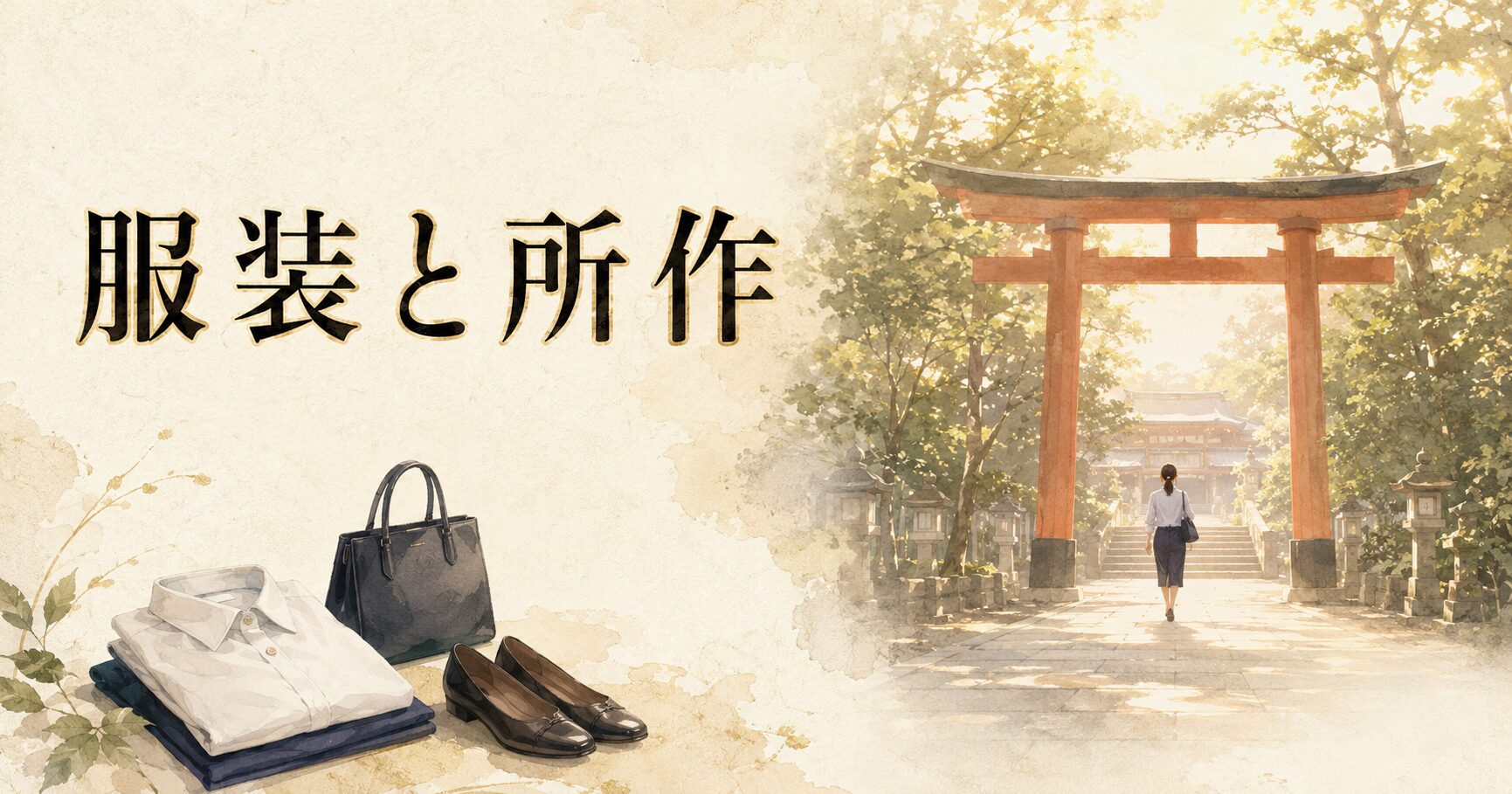 ivory washi 背景に、神社の鳥居をくぐる人物の後ろ姿（遠景）と、フォーマル小物（襟付きシャツ・革靴・抑え色のジャケット）を配し、タイトル「服装と所作」を上部左寄りに配したアイキャッチ画像