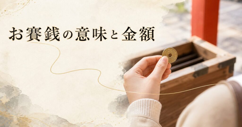 朝の神社で現代の参拝者の手が5円玉を持ち、奥に賽銭箱がぼんやり見える情景、生成り washi 背景にタイトル「お賽銭の意味と金額」を配したアイキャッチ画像
