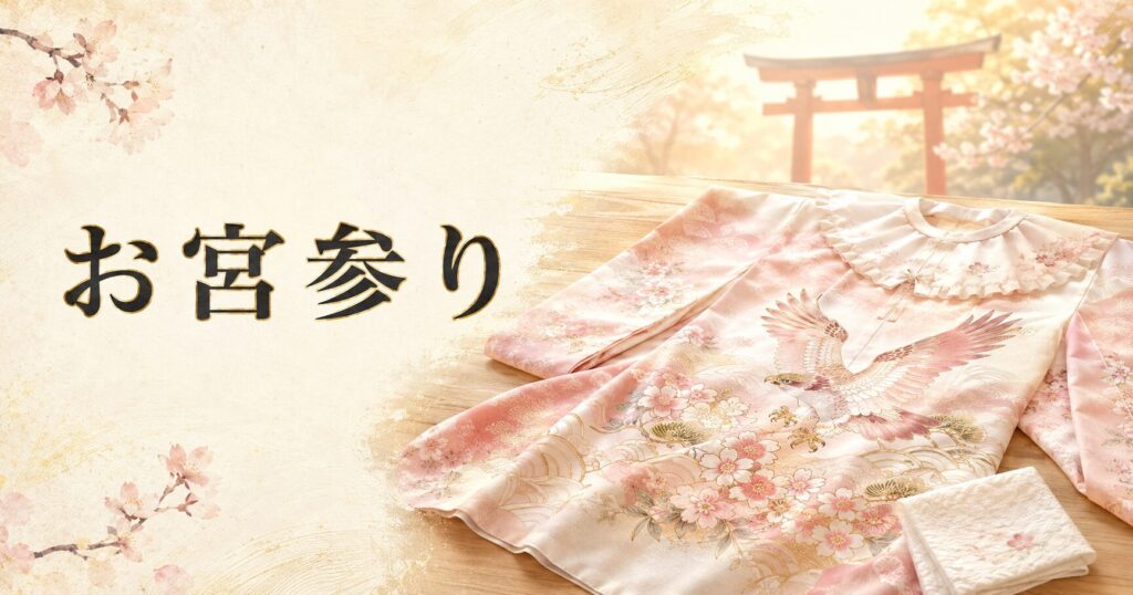 ivory washi 背景に、神社の鳥居と祝着の painterly 静物配置、タイトル「お宮参り」を上部左寄りに配したアイキャッチ画像