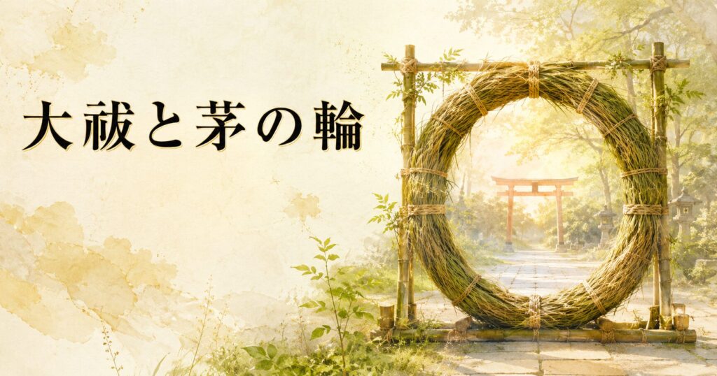 ivory washi 背景に、神社境内の茅の輪と若葉の painterly 静物配置、タイトル「大祓と茅の輪」を上部左寄りに配したアイキャッチ画像