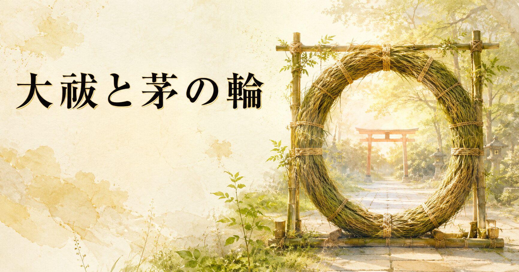 ivory washi 背景に、神社境内の茅の輪と若葉の painterly 静物配置、タイトル「大祓と茅の輪」を上部左寄りに配したアイキャッチ画像