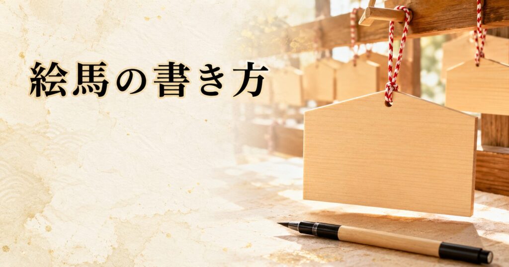 ivory washi 背景に、神社の絵馬掛けに掛けられた木製の絵馬の painterly 構図、タイトル「絵馬の書き方」を上部左寄りに配したアイキャッチ画像