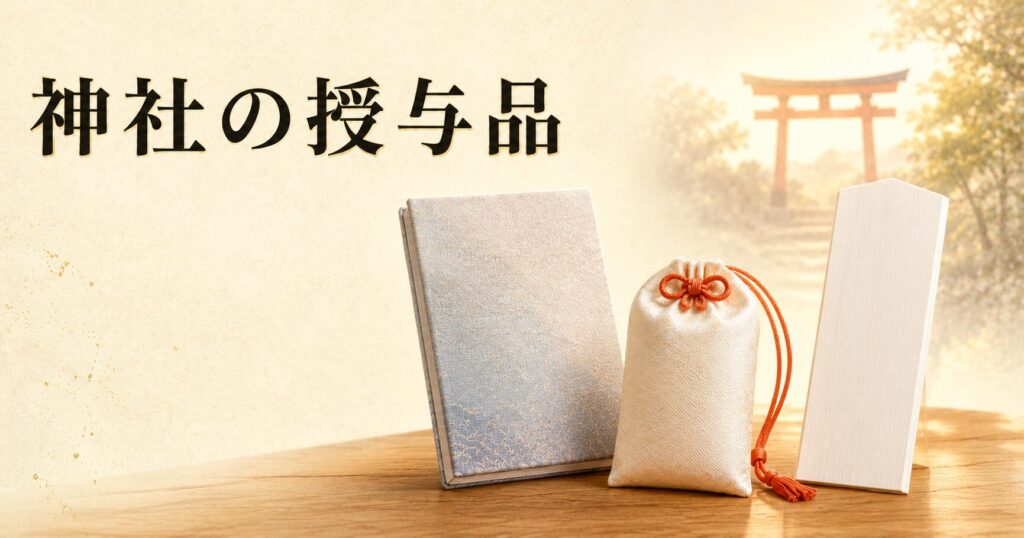 ivory washi 背景に、お守り・御朱印帳・お神札の painterly 静物配置、タイトル「神社の授与品」を上部左寄りに配したアイキャッチ画像