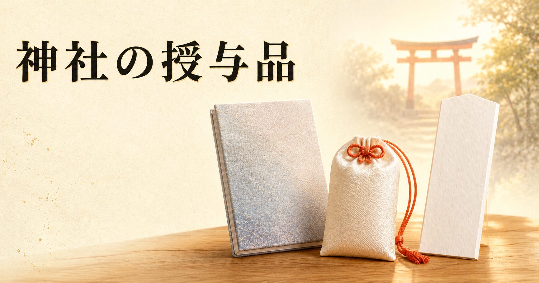 ivory washi 背景に、お守り・御朱印帳・お神札の painterly 静物配置、タイトル「神社の授与品」を上部左寄りに配したアイキャッチ画像