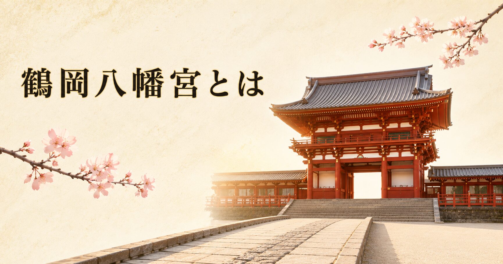 ivory washi 背景に、朱塗りの鶴岡八幡宮楼門と段葛の参道の painterly 構図、タイトル「鶴岡八幡宮とは」を上部左寄りに配したアイキャッチ画像