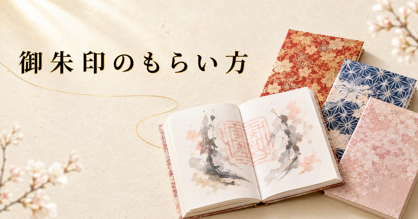 見開きで美しい墨書と朱印が記された御朱印帳が中央にあり、周囲に閉じた御朱印帳が静かに並ぶ構図。生成り washi 背景にタイトル「御朱印のもらい方」を配したアイキャッチ画像