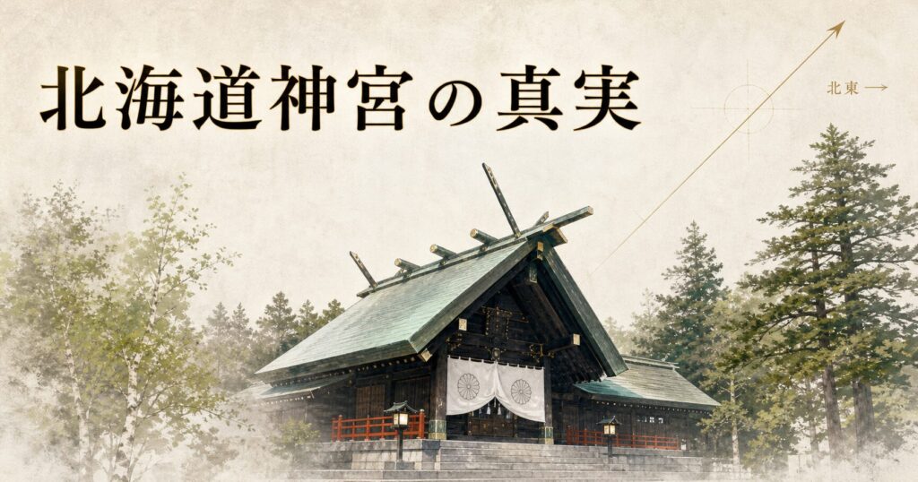 北海道神宮の本殿シルエットと、その上部に北東を指すシャンパン金の方位線が配置されたアイキャッチ画像、生成り washi 背景にタイトル「北海道神宮の真実」を配置