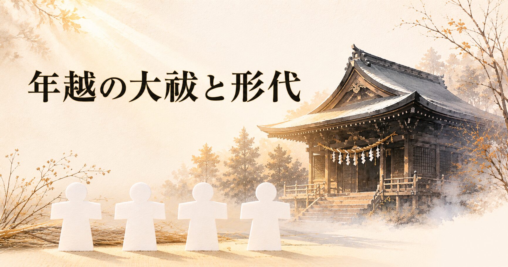 ivory washi 背景に、神社境内の painterly な大祓の式典構図と白い形代(ひとがた)、夕暮れの柔らかな光、タイトル「年越の大祓と形代」を上部左寄りに配したアイキャッチ画像