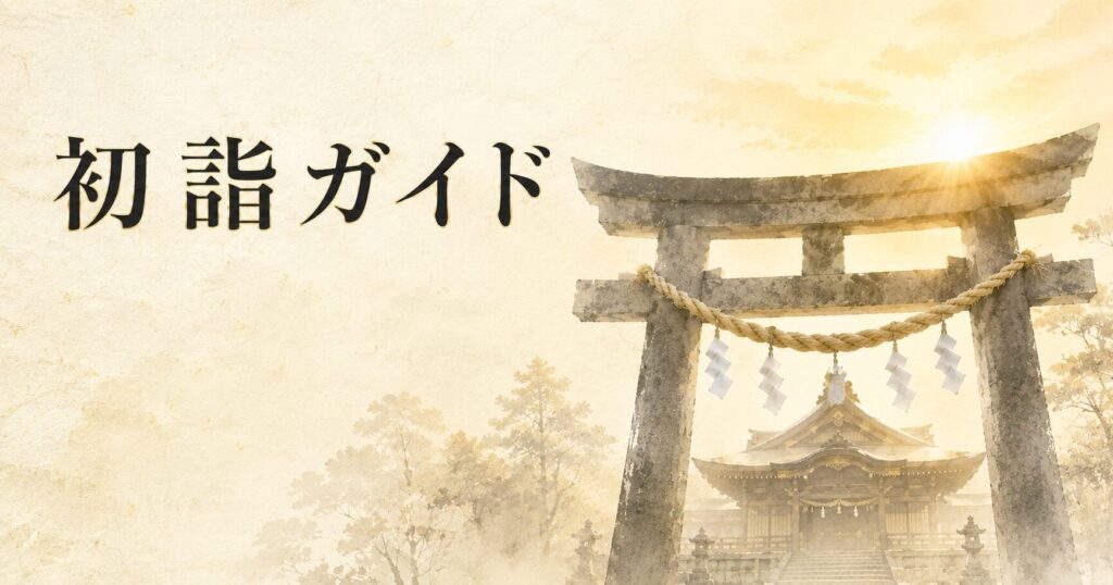 ivory washi 背景に、初日の出と神社の鳥居の painterly な静謐な構図、注連縄飾りと正月の柔らかな朝光、タイトル「初詣ガイド」を上部左寄りに配したアイキャッチ画像
