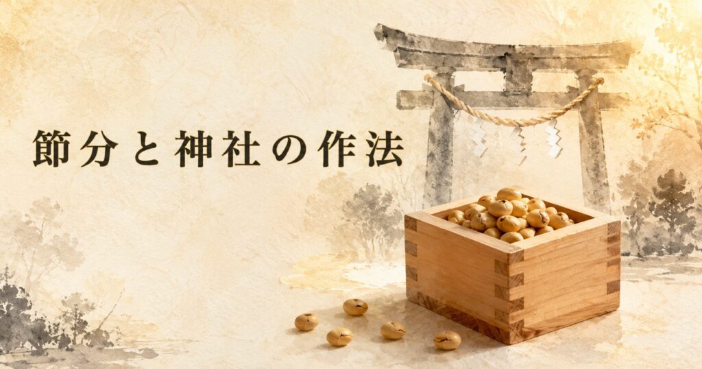 ivory washi 背景に painterly な木の升と炒り大豆、奥に painterly な神社の鳥居と注連縄飾り、立春前日の柔らかな夕光、タイトル「節分と神社の作法」を上部左寄りに配したアイキャッチ画像