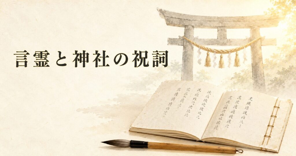 ivory washi 背景に painterly な和綴じ古書と墨の筆、奥に painterly な神社の鳥居と注連縄飾り、朝の柔らかな光、タイトル「言霊と神社の祝詞」を上部左寄りに配したアイキャッチ画像