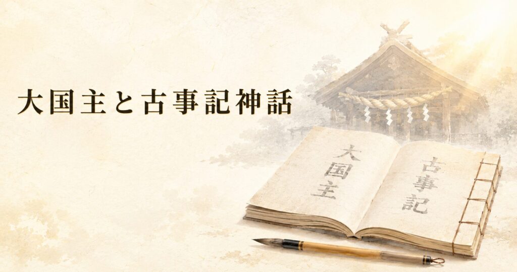ivory washi 背景に painterly な古事記の和綴じ古書と墨の筆、奥に painterly な出雲大社風の本殿のシルエットと注連縄、朝の柔らかな光、タイトル「大国主と古事記神話」を上部左寄りに配したアイキャッチ画像