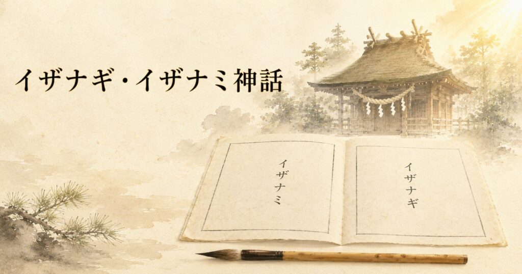ivory washi 背景に painterly な古事記の和綴じ古書と墨の筆、奥に伊弉諾神宮風の本殿のシルエットと注連縄、朝の柔らかな光、タイトル「イザナギ・イザナミ神話」を上部左寄りに配したアイキャッチ画像
