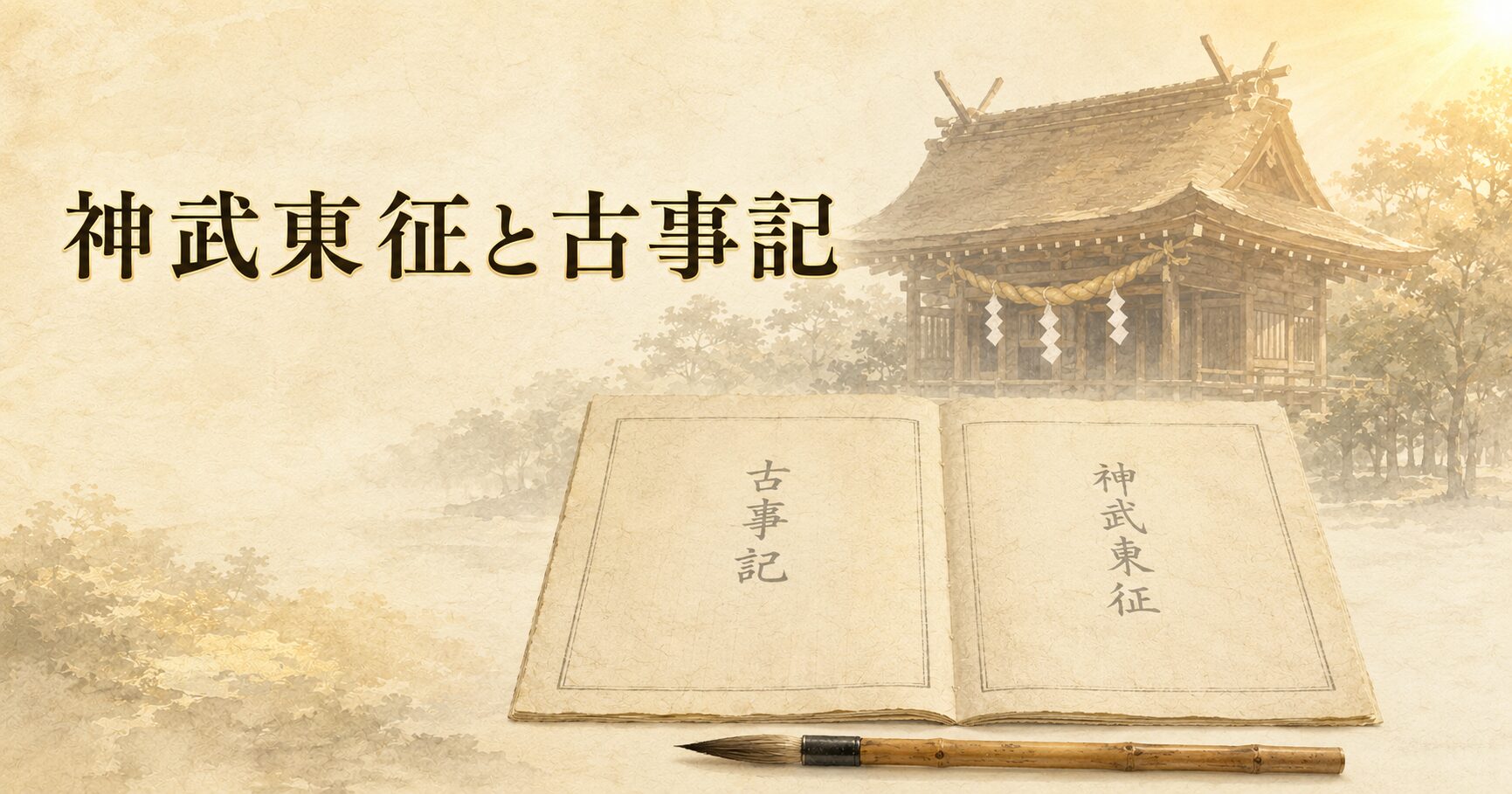 ivory washi 背景に painterly な古事記の和綴じ古書と墨の筆、奥に橿原神宮風の本殿のシルエットと注連縄、朝の柔らかな光、タイトル「神武東征と古事記」を上部左寄りに配したアイキャッチ画像