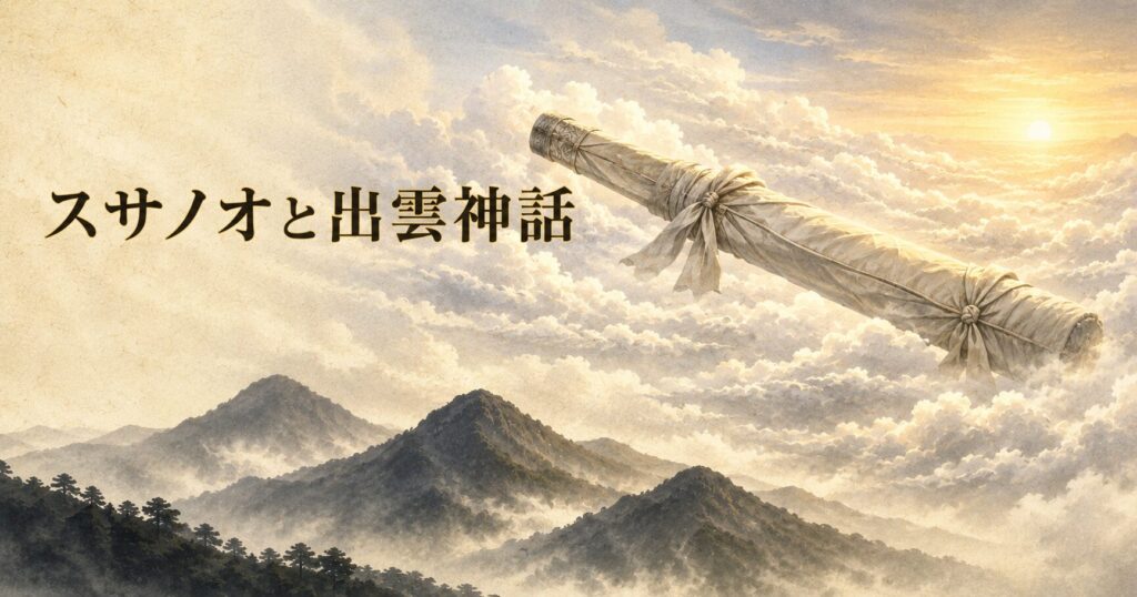 ivory washi 背景に painterly な出雲の朝景パノラマ、下半分に神奈備の山並みのシルエット、上半分に八重に立ち上る白い雲、雲間に布で覆われた剣（草薙剣の象徴）のシルエットが浮かぶ構図、タイトル「スサノオと出雲神話」を上部左寄りに配したアイキャッチ画像