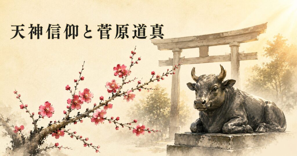 ivory washi 背景に painterly な紅梅の枝と御神牛の像が中央に配された象徴構図、奥に天満宮の鳥居のシルエットが浮かび、朝の光が差し込む、タイトル「天神信仰と菅原道真」を上部左寄りに配したアイキャッチ画像