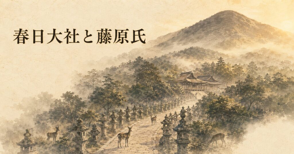 ivory washi 背景に painterly な御蓋山と春日大社境内の俯瞰図、奈良公園を歩く鹿の小さなシルエットと表参道の石燈籠の列、タイトル「春日大社と藤原氏」を上部左寄りに配したアイキャッチ画像