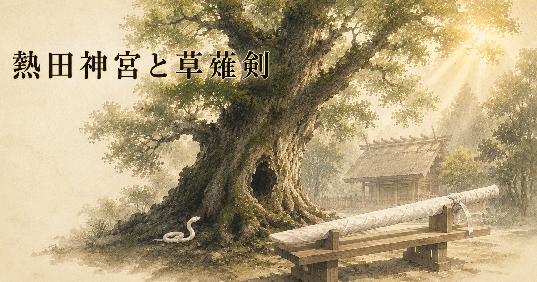ivory washi 背景に painterly な大楠と布で包まれた直刀のシルエット、白蛇の小さな影、奥に神明造本宮のシルエット、タイトル「熱田神宮と草薙剣」を上部左寄りに配したアイキャッチ画像
