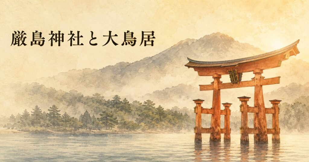 ivory washi 背景に painterly な朱塗りの大鳥居が海中に立つ単一象徴構図、奥に弥山と宮島の杜のシルエット、タイトル「厳島神社と大鳥居」を上部左寄りに配したアイキャッチ画像