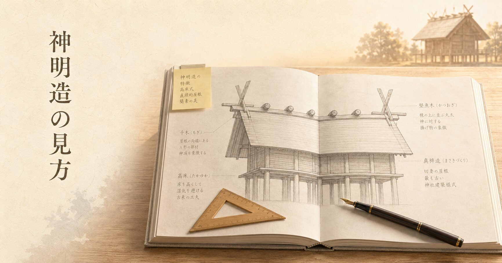 ivory washi 背景に painterly な神社建築専門書と神明造の立面図スケッチ、木製三角定規と万年筆、奥に神明造本殿のシルエット、タイトル「神明造の見方」を左上に配したアイキャッチ画像